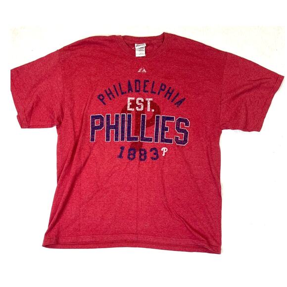 Majestic Mens Red Sz XL PHILADELPHIA PHILLIES MLB BASEBALL EST 1883 Tee - Picture 1 of 3
